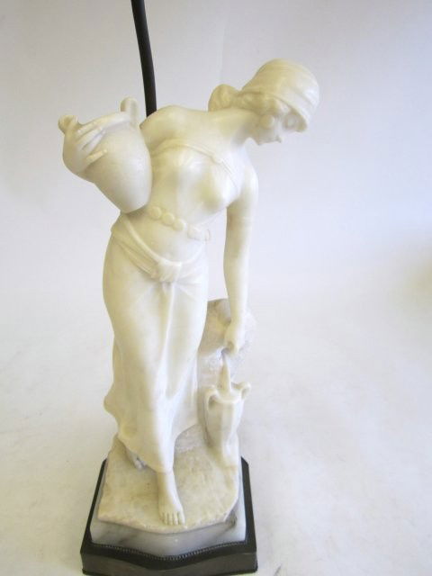 Alabaster figural lamp: "Water Bearer" figure, good condition. Approx. 18" H. Please read our terms of sale.