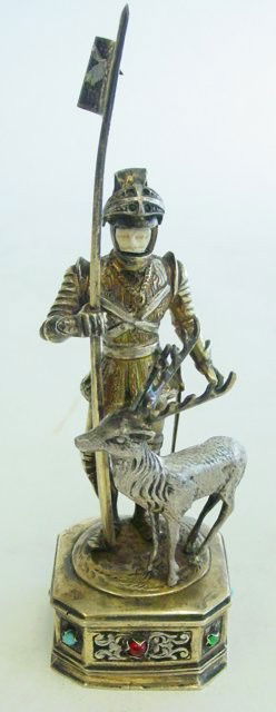 German gilt parcel silver & ivory Knight with Stag: Approx. 4.5" H. Please read our terms of sale.