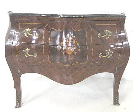 Inlaid marble top commode with bronze ormolu: Approx. 48" x 21" x 35". Please read our terms of sale.