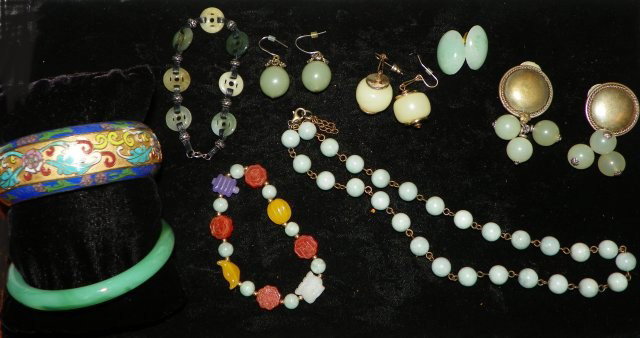 Group lot of jade: Including: bangle, 4 pairs earrings, bracelet, choker, multicolored bracelet, & cloisonne bracelet. Please read our terms of sale.