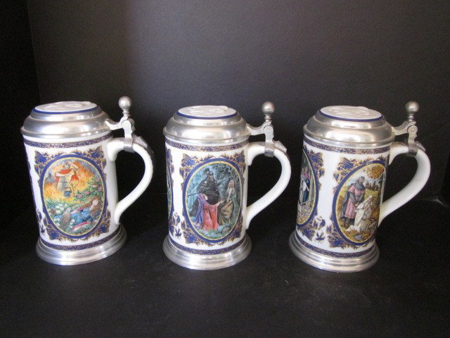 3 Heinrich Mettlach Richard Wagner steins: Porcelain. Including; "Siegfried", "Tannhauser" & "Parsifal". From a 60 year collection of a Chester, New Jersey gentleman. Please read our terms of sale.