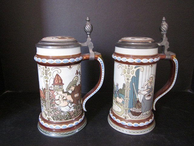 3 etched Mettlach steins "The Brothers Grimm": #2904, #2903. From a 60 year collection of a Chester, New Jersey gentleman. Please read our terms of sale.