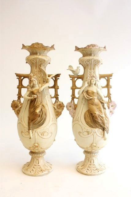 Pair Royal Dux figural vases: "Art Nouveau Woman with Birds". Approx. 25" H. Please read our terms of sale.