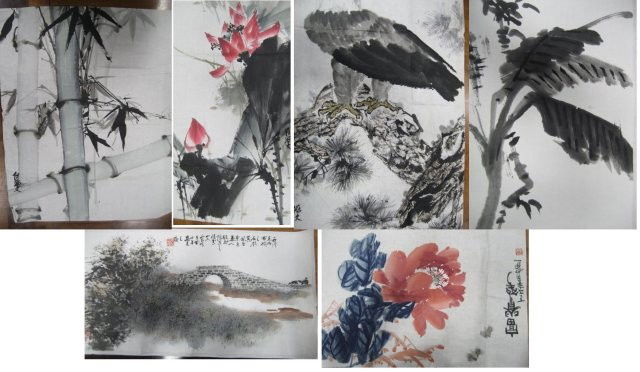6 watercolors on paper: 1- "Crossing Bridge", artist signed. Approx. 24" x 13". 1- "Bamboo Tree", artist signed. Approx. 33" x 10". 1- "Bamboo Tree", artist signed. Approx. 23" x 18.5". 1- "Eagle Perched", with artist's stam