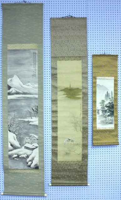 Lot of 3 later 19th/early 20th c. scrolls: 1- "Bridge with Rowboat". Approx. 20.5" x 8". 1- "Winter Scene with Mountains, Lake, & House". Approx. 47.25" x 13". 1- "Floral" watercolor. Approx. 14.5" x 17". Please read our terms of sale.