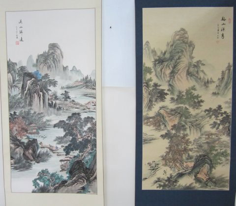 2 Chinese scrolls artist signed: 1- "Man with Horse, Village by Mountains", approx. 51" x 25". 1- "Waterfall & Hills", approx. 49" x 23". Please read our terms of sale.