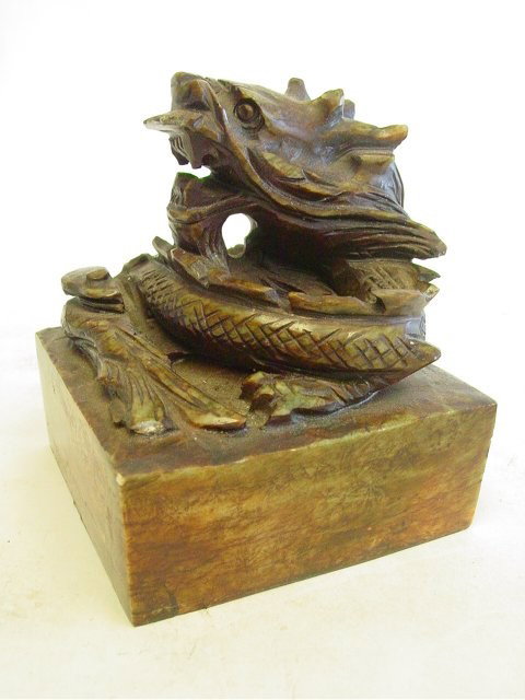 Chinese soapstone stamp: With "Dragon" on top. Approx. 4.5" H x 3.75" W. Please read our terms of sale.