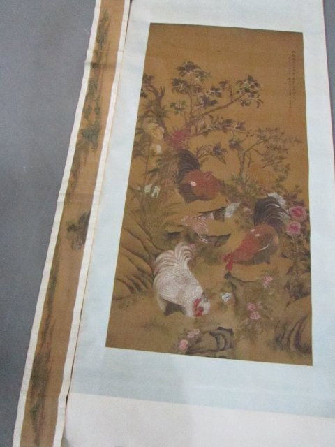 Painting & hand scroll: 1- Painting "Flower & Bird" "Xen Quan". Approx. 31.25" W x 63.5" L. 1- Hand scroll, "Mountain & Water" "Wen Jing Wang". Approx. 5" W x 7' 1" L. Please read our terms of sale.