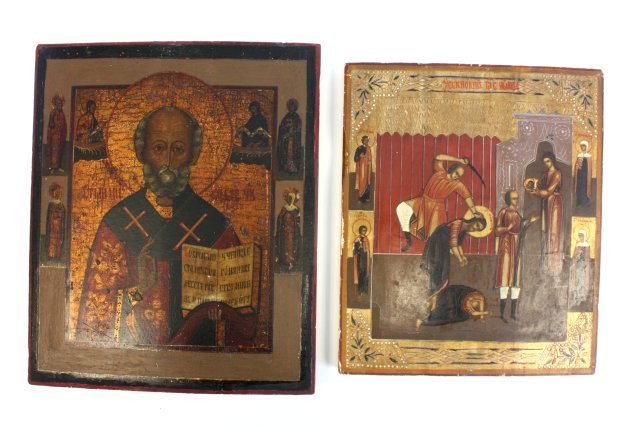 2 Late 19th/Early 20th c. icons: 19th-early 20th c. Painted wood. Depicting 1-14" x 11.5" "Saint with Book". 1-12" x 10.25" "Beheading of John the Baptist.