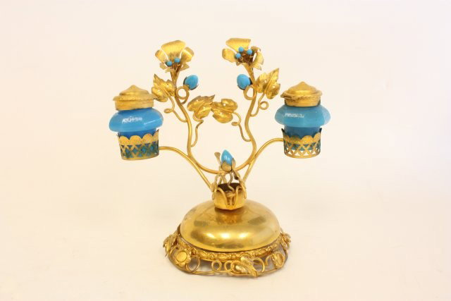 Opaline & gilt metal inkwell with bell: Bell as is. Please read our terms of sale.