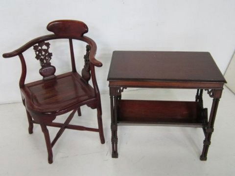 Mahogany corner chair & side table: Chair is in the Asian taste. Mahogany Chinese Chippendale side table is approx. 24.5" x 16" x 25.5". Please read our terms of sale.