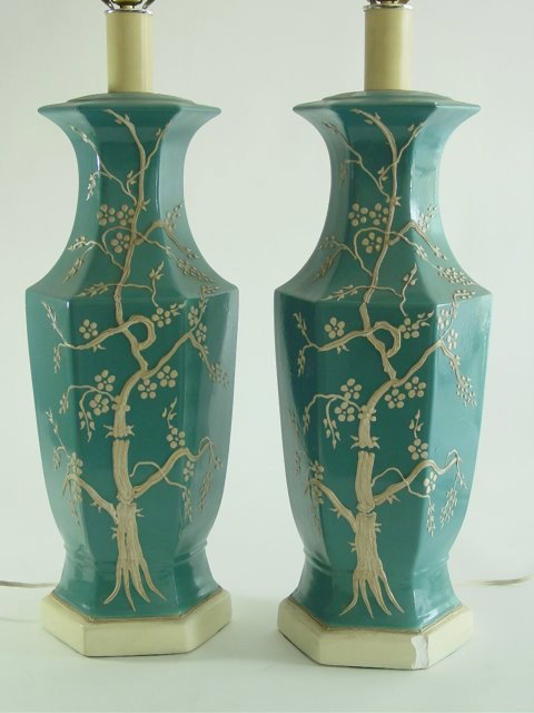 Pair blue & white Beth Weissman lamps: 1 as is, approx. 19.5" H. Please read our terms of sale.