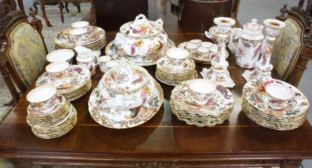Partial Royal Crown Derby dinnerware set: Old Avesbury Pattern, 81 pieces. 1 candlestick has a crack. Please read our terms of sale.