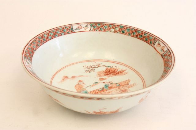 Chinese bowl with interior & exterior decoration: Interior of "People", exterior of ""Families in Park like Setting", Ming style. Approx. 8" Diam x 2.75" H. Please read our terms of sale.