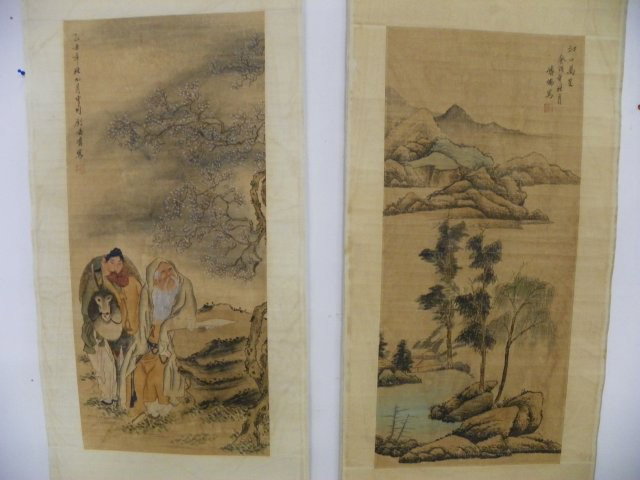 2 Chinese scrolls by Fu Ru & Liu Ling Chang: 1- Landscape "Hills & Lake", approx. 35.25" x 16". 1- "Family & Donkey", approx. 35.5" x 16.25". Artist's name not guaranteed. Please read our terms of sale.
