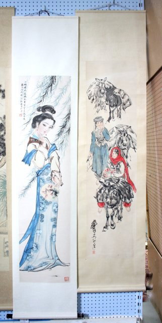 2 Chinese scrolls: 1- "2 Woman on Donkeys", approx. 52" x 13". 1- "Woman with a Fan", approx. 54" x 13.5". Please read our terms of sale.
