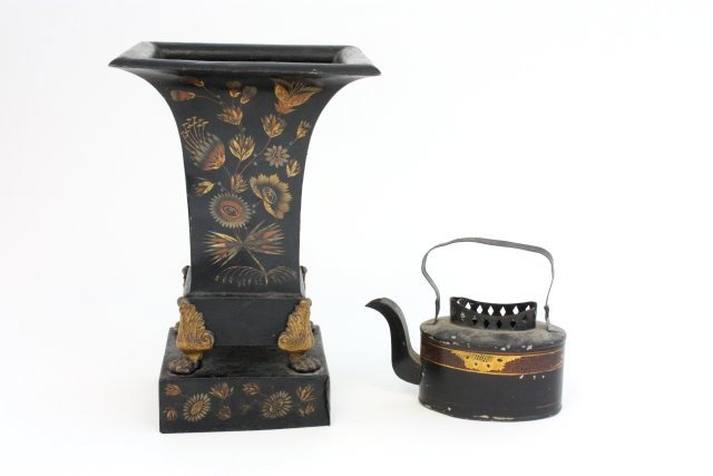 Lot of 2 Tole pieces: 1- Tole footed vase on base. 1- Tole teapot. Please read our terms of sale.