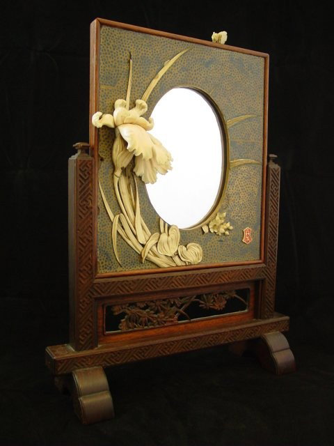 Ivory & wood table mirror: "Flower with a Bee on Top", some losses. Approx. 13.5" H x 10.5" W. Please read our terms of sale.