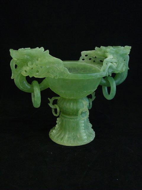 Jade carved censer with dragon & ring handles: No lid. Approx. 5.75" x 7.75". From a 40 year collection. Please read our terms of sale.