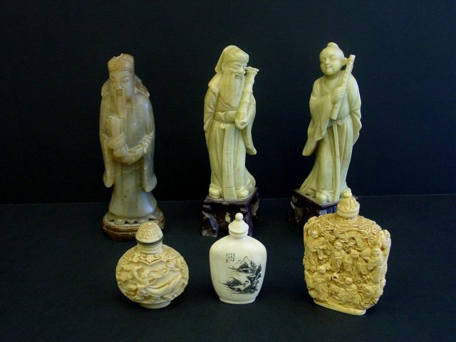3 carved Chinese "Wisemen" & 3 snuff bottles: Soapstone carvings are approx. 6" H. One snuff bottle is ivory, 2 are composition. Please read our terms of sale.