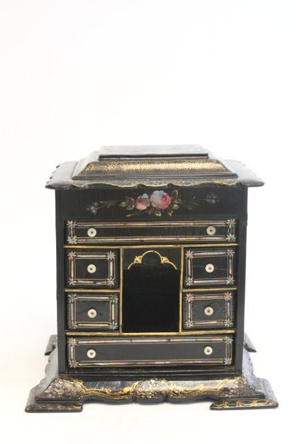 19th c. black & mother of pearl jewelry box: Papier mache. Approx. 12" x 12.5". Please read our terms of sale.
