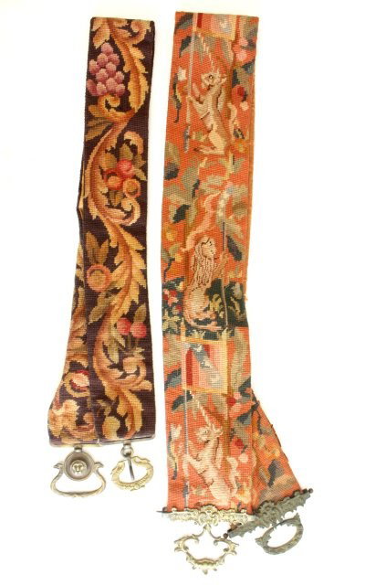 2 needlepoint antique bell pulls: 1-64" x 4". 1-77" x 5.5". Please read our terms of sale.