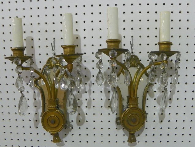 Pair old mirrored bronze sconces with prisms: Please read our terms of sale.