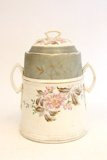 Antique English porcelain chamber pot: Hairline in handle. Approx. 17" x 12". Please read our terms of sale.
