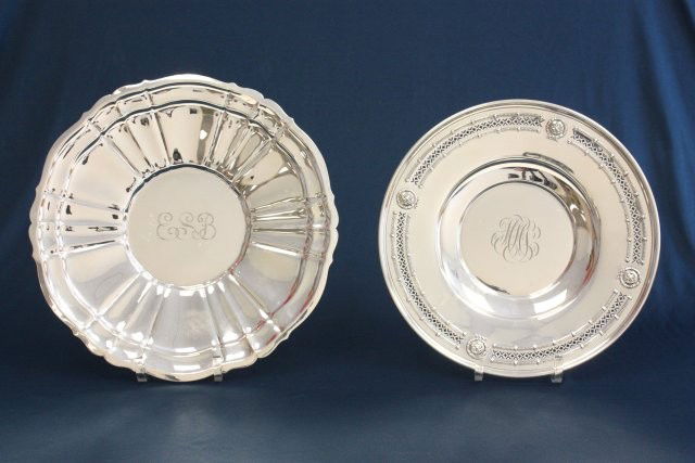 2 Sterling silver round trays both initialed: 1 is Gorham. Approx. 9" & 9.75" Diam, 20 oz. Property of retired Judge Susan Perretti Benson. Please read our terms of sale.