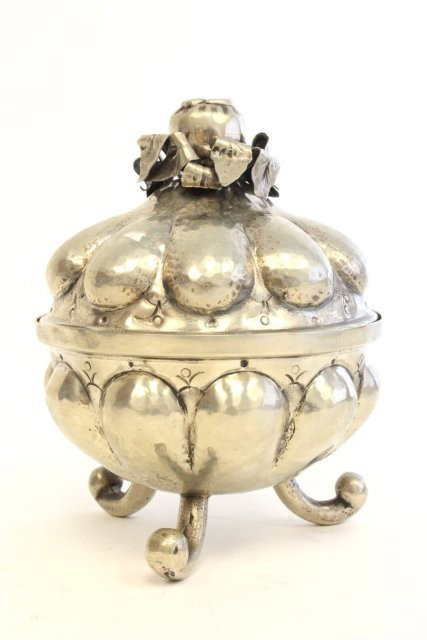 19th c. Silver over copper etrog box: Approx. 7" H x 6" D. Please read our terms of sale.