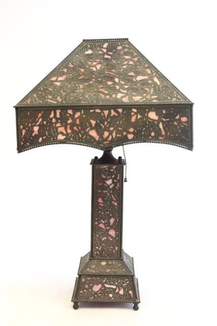 Slag glass table lamp ca. 1920's: Probably Apollo Studios, pink glass. Approx. 22" H x 13" D, shade. Please read our terms of sale.