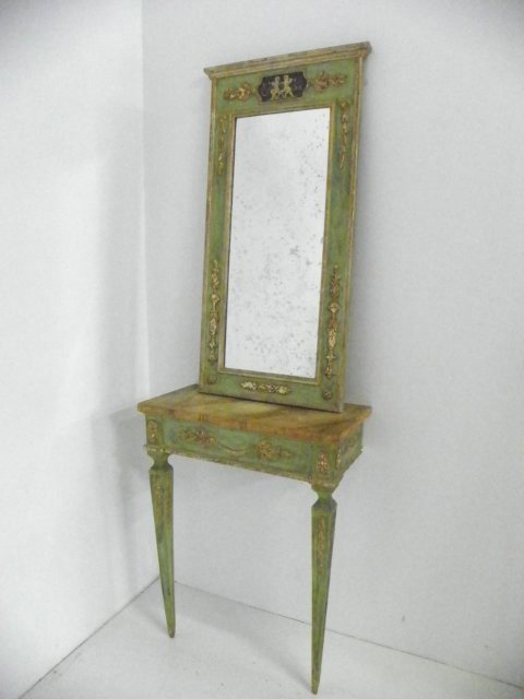Venetian hand painted console & mirror: Mirror approx. 20'" x 38", console 24" x 12" x 32". Please read our terms of sale.