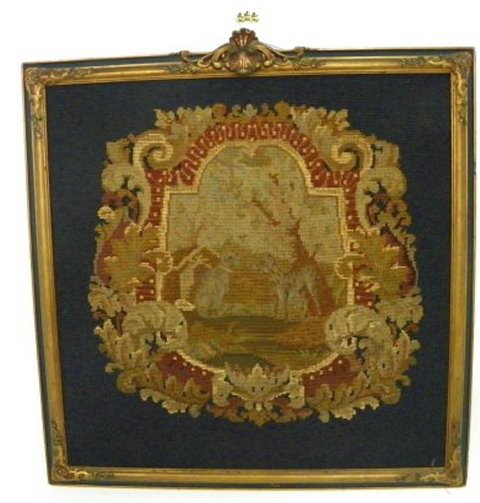 19th c. needlepoint depicting "2 Dogs" gilt framed: Approx. 22" square. From a Point Pleasant, NJ Estate. Please read our terms of sale.