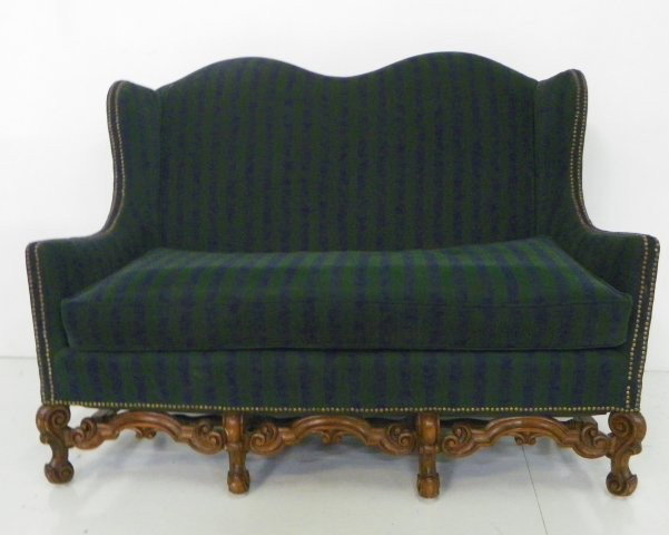 Double humpback loveseat with carved cabriole legs: Approx 56" W x 31" D x 44" H. Please read our terms of sale.