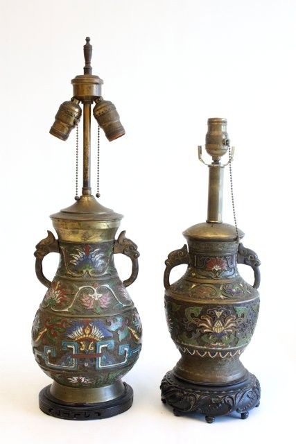2 Champleve vases mounted as lamps ca. 1900: Approx 9.5" H & 11.5". Please read our terms of sale.