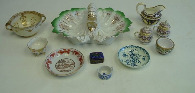 Group lot of 22 pieces of porcelain: Including: Pair hand painted covered porcelain mustard pots, English creamer, Nippon handled bowl, lobster plate, enameled box & various other pieces. Property of retired Judge Susan Perretti Benson.