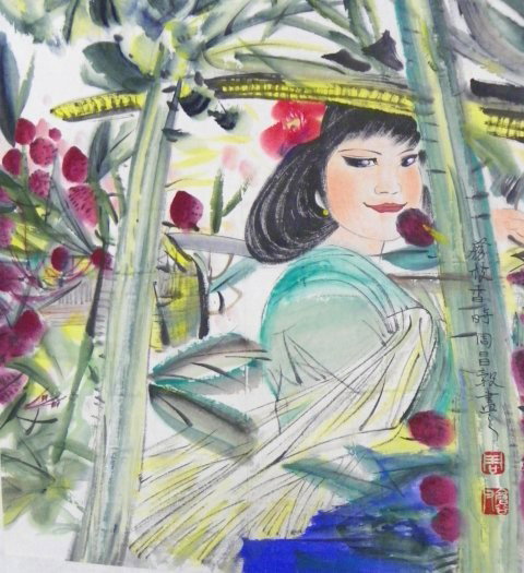 Chinese hanging scroll "Girl Among Trees": Possibly attributed to Zhou Chang Gu, ink & colors on paper, signed & sealed. Approx. 17" x 21.5". Please read our terms of sale.