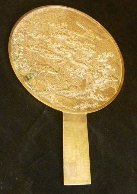 Antique Chinese bronze mirror with "Figures": Approx. 8" Diam x 12" H. Please read our terms of sale.