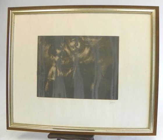 Lithograph by Jack Levine 98/100: Surrealistic picture, "Portrait with Muse". Approx. 12.5" x 9.75". From a Point Pleasant, NJ Estate. Please read our terms of sale.