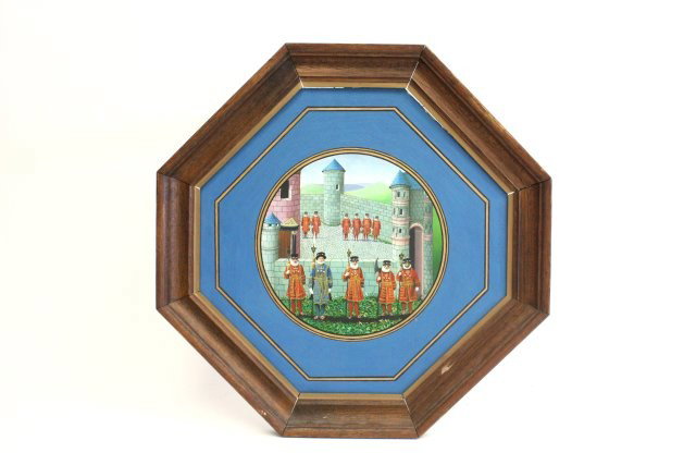 British oil painting by Patricia Faulkner: "The Yeomen of the Guard", on board, artist born 1946. Approx. 16" x 16". Please read our terms of sale.