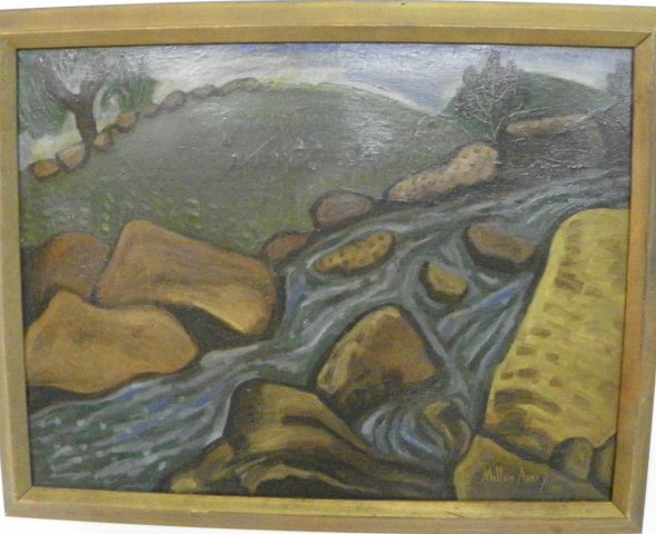 Oil painting attributed Milton Avery 1961: "Rocky Stream", on canvas, with signature. Approx. 18" x 24". Please read our terms of sale.