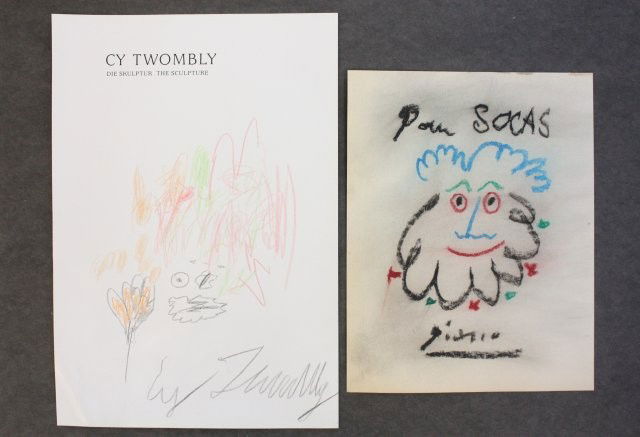 Signed Picasso drawing & signed Cy Twombly drawing: Picasso in crayon, approx. 10" x 7.75". Twombly approx 12.25" x 8.75". Please read our terms of sale.