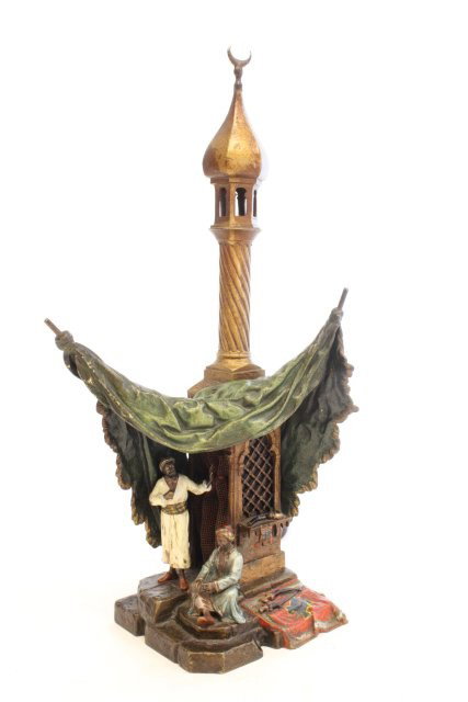 Cold patinated Vienna bronze lamp signed Leng: Orientalist scene depicting "Man Seated Smoking Pipe with Another Man Standing Under a Tent", made in Austria. Approx. 15.75" H x 7.5" W. Please read our terms of sale.