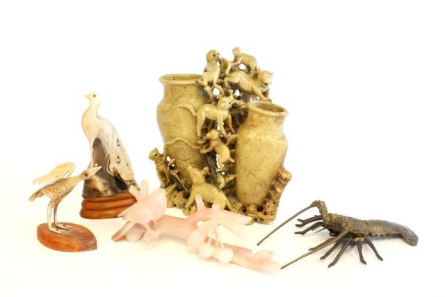 Group lot of 5 assorted Chinese smalls: 1- Soapstone carving depicting "Animals", approx. 11" x 9.5" H. 1-Bronze lobster, approx. 9" across. 2- Carved "Birds", made of horn, approx. 4.5" H & 6.5" . 1- Pink alabaster carving of "Bird on a Tw