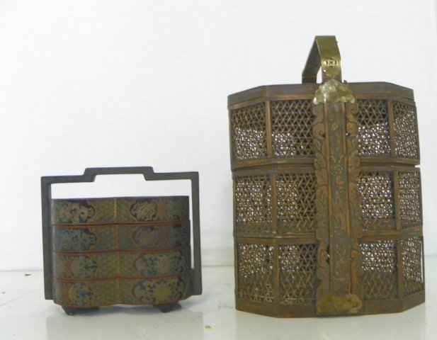 2 Baskets: 1- Rattan with handle holding 3 boxes, approx. 22" H. 1- Lacquer wood holding 4 boxes, approx. 11" H. From the estate of a private collector. Please read our terms of sale.