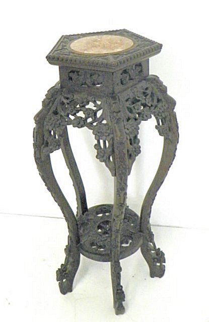 Marble top Chinese teakwood 5 legged pedestal: Approx. 11" Diam. x 30" H. From a Point Pleasant, NJ Estate. Please read our terms of sale.