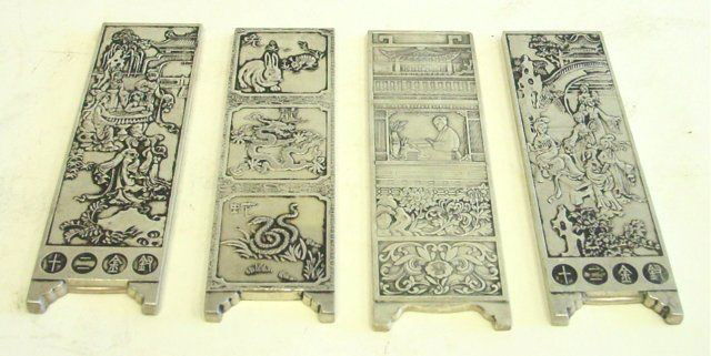Lot of 4 Chinese Solid silver tablets: Depicting "Animals", "People", "Scenes" . Approx. 5.75" H x 1.75" each. Please read our terms of sale.