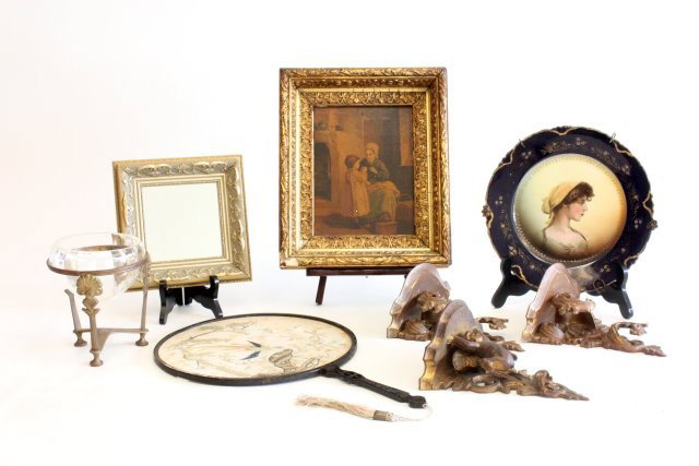 Group lot of 8 items: Including: 3- Gilt scroll design shelves, approx. 6", 6" & 7". 1- Rosenthal Bavarian "Portrait of a Lady" plate, approx. 9.75" Diam. 1- Gilt framed print "Mother & Child", approx. 10" x 15". 1- Gilt f