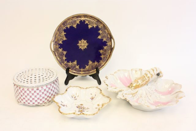 4 pieces porcelain: Including: 1- Nippon cobalt tray with "Floral" gold design, approx. 11" Diam. 1- Austrian flower frog, approx. 4" H x 7". 1- German lobster serving dish. 1- Floral bowl, approx. 8.5" Diam. Please read