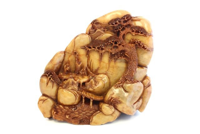 Soapstone sculpture: "Man at Table Under a Tree". Approx. 8.5" x 8". Please read our terms of sale.